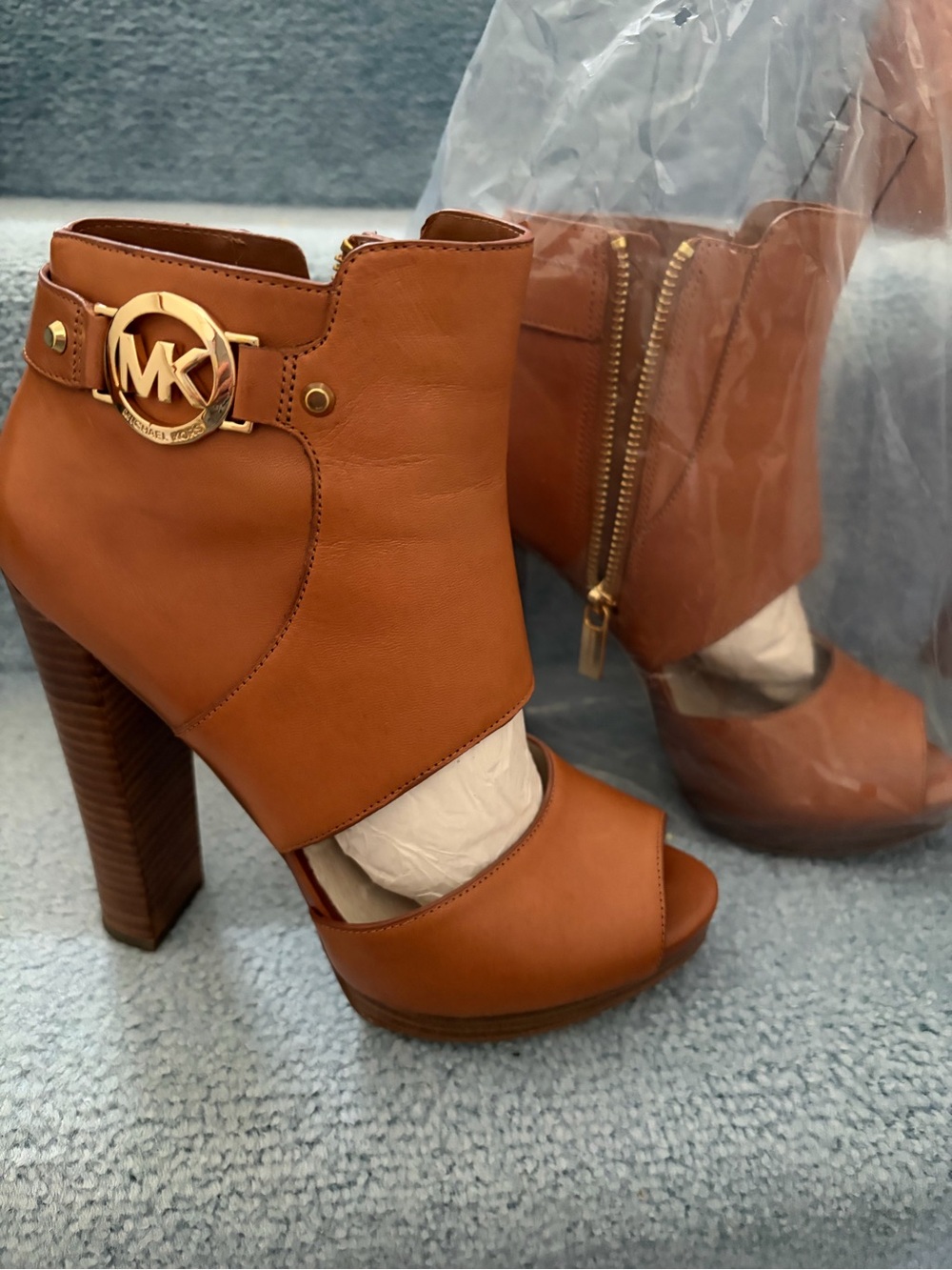 Michael Kors Cognac Leather Open-Toe Platform Booties with Gold MK Logo
